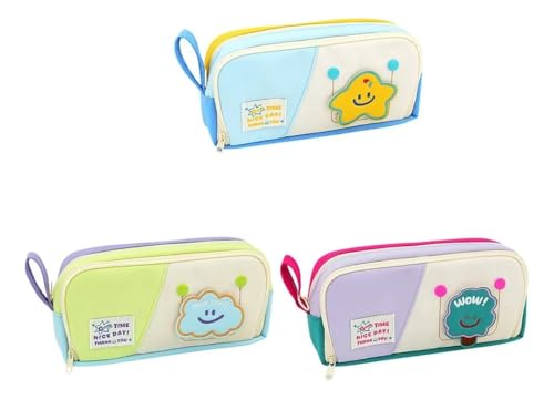 Image of Alokik Cute Star Pencil Pouch for Kids, Large Capacity Zippered Pen Case with Mesh Pocket & Pen Holder Slots, Kawaii Blue Yellow School Stationery Organizer for Girls Boys (Smiley - Blue)