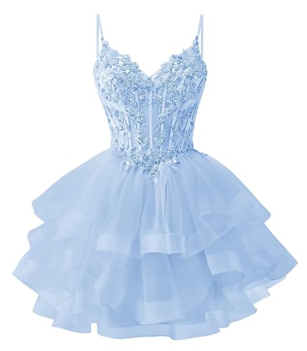 Lace Applique Tulle Homecoming Dresses for Teens Spaghetti Straps Short Tiered DAMA Quinceanera Prom Dress