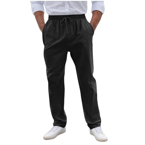 Linen Lounge Pants Mens Solid Casual Straight Drawstring Long Pants Pockets Elastic Waist Comfy Trousers