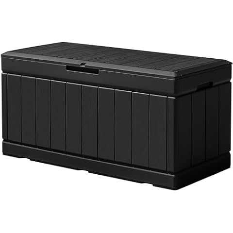 Flamaker Outdoor Storage Box 85 Gallon Resin Waterproof Deck Box with Wood Texture Large Storage Bin for Patio Cushions (Black) Cover