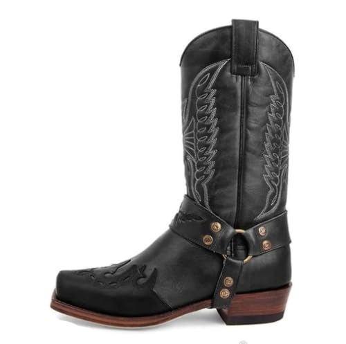 CrtTsks Herren Stiefel aus Leder Rindsleder mit Cowboy Biker Motorrad Boots Klassisch,Schwarz,43 EU