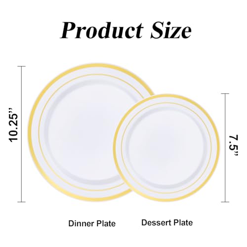 image for BESTSTAR 100PCS White Plastic Plates Set with Gold Rim, 50 10.25 inch 