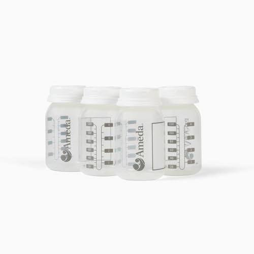 Ameda Breastmilk Storage Bottles with Lock-Tight Cap | 4.4 Ounce Breast Milk Storage Containers for Fridge (4 Count) | Breastmilk Storage Bag Alternative | Breastfeeding Supplies
