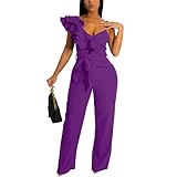 HBQ Womens Casual One Piece Jumpsuits V-Neck Sleeveless Ruffle Backless Belted Elegant Romper Wide Leg Pant Sexy Party Clubwear Overalls-Purple-XXL
