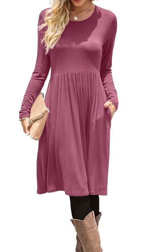 Image of DB MOON Women Casual Long Sleeve Dresses Empire Waist Knee Length Loose Dress with Pockets