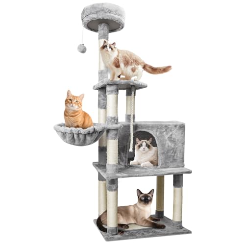 Nobleza - Árbol para Gatos， Altura 148 cm， con 9 Postes Rascadores， 4 Plataformas， 1 Cueva，1 Hamacas， Pompón， Cuerda de sisal， Tela de Felpa， Rascador Multinivel para Gatos Grandes， Gris