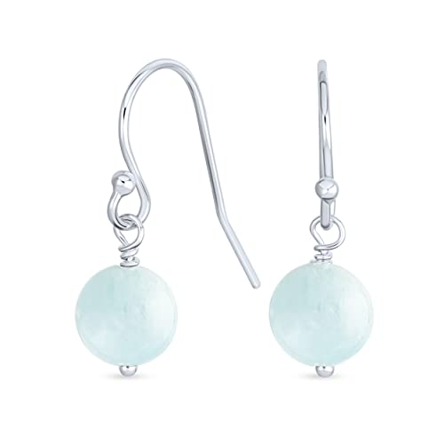 Boucles D'Oreilles Pendantes Rondes En Pierre Précieuse Aigue-Marine Bleue Simple Pour Femmes En Argent Sterling .925 Avec Crochet À Poisson Français
