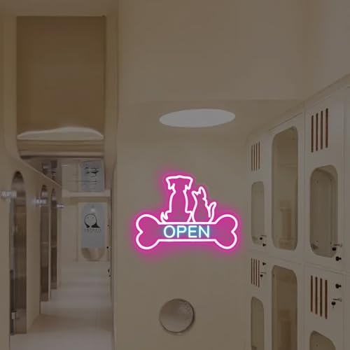 Image of Pet Shop Open Neon Sign Cute Dog And Cat Open LED Light | Bright Pet Grooming Salon Light Animal Shelter Storefront Decor Vet Clinic Window Decor, Pink+Ice Blue, 16.5 inchx12.4 inch
