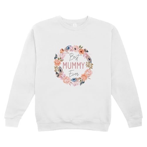 HotScamp Mum Jumper Best Mummy Ever Flower Wreath - Womens Ladies Sweatshirt Jumper - Mother's Day Mum Mama Mummy M White