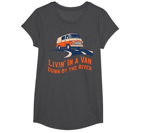 Livin' in A Van Down By The River T-Shirt, Girls, Dark Heather Grey, Large