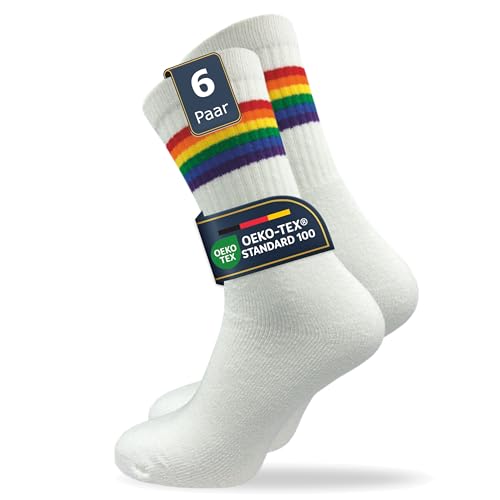 GAWILO Herren Tennissocken (6 Paar) | Sportsocken mit LGBTQ Ringel | Pride Socken | Retro Socken (DE/NL/SE/PL Numerisch 43 46 Regular Regular weiß | LGBTQ)