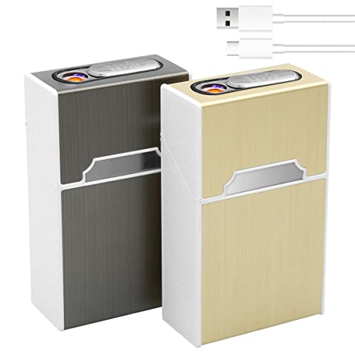 Caja de Cigarrillos con Encendedor 2 PCS Pitillera Aleación de Aluminio 2 Colores Mechero Electrónico Sin Llama USB Recargable Caja Cigarrillo...
