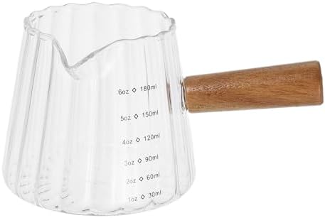 Kichvoe Espresso Shot Glass with Wood Handle - Glass Creamer Coffee Milk Creamer - Frothing Pitcher Creamer Jug, 180ML/6 OZ Milk Pourer Baking Measuring Cup for Coffee Milk Tea Syrup