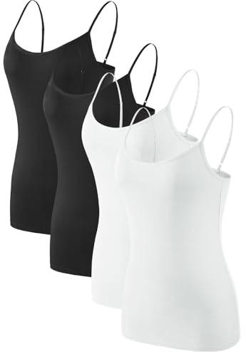Komfokore Damen Unterhemden Verstellbar Spaghettiträger Tank Top Basic Camisole Ultra Soft Schichtung Top 4er Pack Schwarz/Schwarz/Weiß/Weiß S
