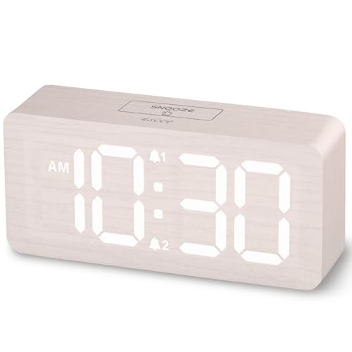 Image of uscce Wooden Digital Alarm Clocks for Bedrooms with 0-100% Dimmable Display | Desk Clock with Large Numbers for Living Room - Loud Dual Alarm for Heavy Sleepers with Volume Control - Wood Decor & Gifts