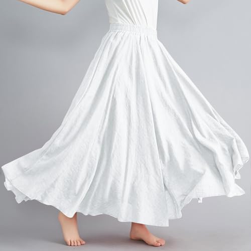 Womens Linen Maxi Skirts Summer Boho Solid Beach Elastic High Waist Pleated A-Line Flowy Swing Long Maxi Skirts4