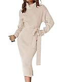 ZESICA Women's Turtleneck Sweater Midi Dress Long Sleeve Ribbed Knit Bodycon Slit Dress with Belt,Apricot,Large