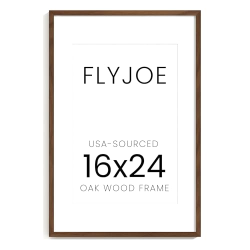 Image of FLYJOE 16x24 Oak Wood Picture Frame with Mat for 12x18, 16 by 24 USA-Sourced Natural Solid Wooden Poster Frame for Wall Display, Tempered Real Glass, Hanging Hardware Included, 1 Pack, Walnut Color