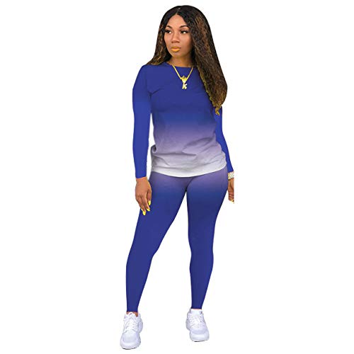 Tie Dye Women 2 Piece Outfits for Women Sexy Bodycon Outfits Plus Size Tracksuits Crewneck Long Sleeve T Shirts Pant Set Blue 2XL