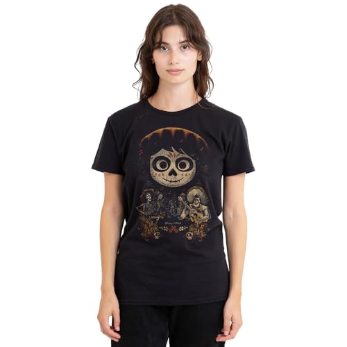 Coco Painted Poster with Miguel Skull, Hector and Ernesto Ladies T Shirt, Black, Large