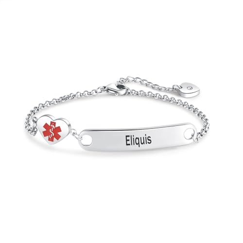 NARTGO Heart Medical Alert Eliquis Bracelet for Women Emergency First Aid Health Alert Engraved Stainless Steel Adjustable Chain Bracelets