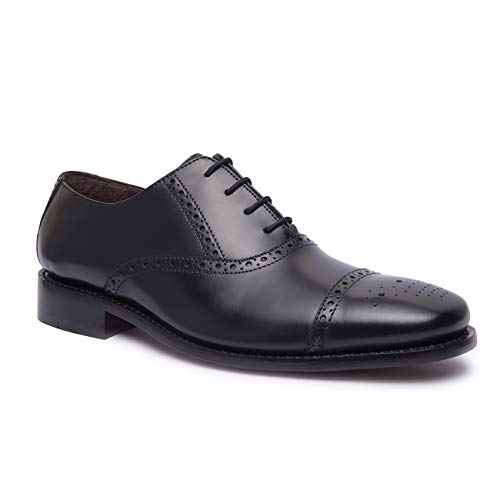 Allonsi | Tallon Mens Genuine Leather Wingtip Oxford Dress Shoes | Goodyear Welted Shoes | Wedding Shoes for Men | Leather Sole Mens Shoes | Comfortable Handcrafted Luxury Leather Shoe | Black | US 11