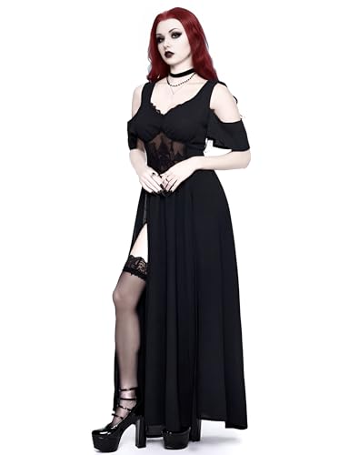 LANSHULAN Women Goth Embroidered Hollow Pattern Deep V-Neck Off Shoulder High Slit Halloween Dress2