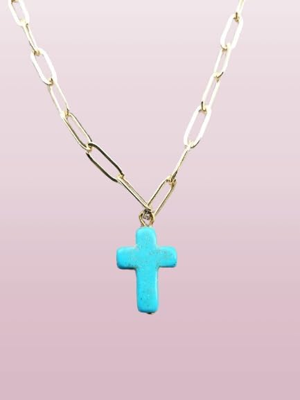 Turquoise Cross Necklace Gold Paperclip Chain Jewelry Faith Gift For Her Dainty - Image 4