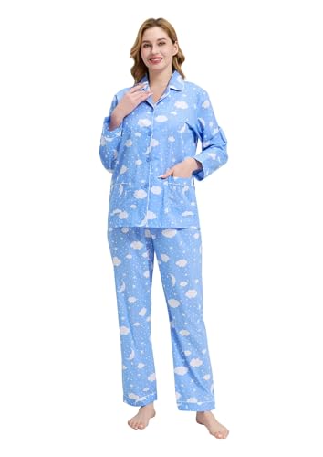 Image of GLOBAL Women Cotton Pajamas Long Sleeve PJs Button Down Sleepwear S-3XL