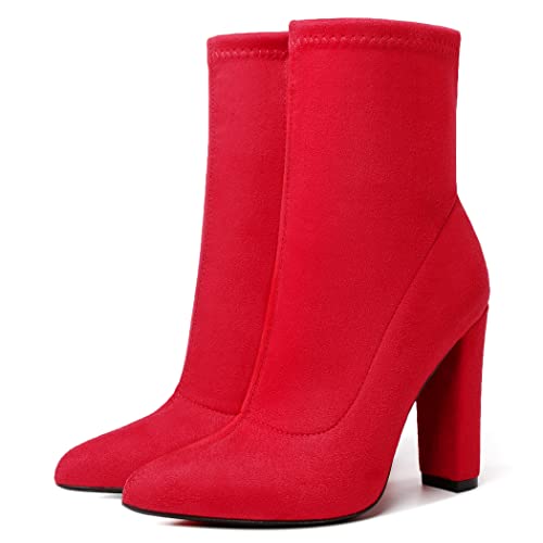 risdoada Red Sock Boots for Women Ankle Booties Chunky Heeled Suede Pointed Toe Fall Winter Mid Calf Boots Party Dress Wedding