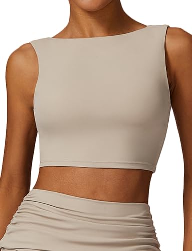 Womens Push Up Sports Bra Boat Neck Padded Yoga Bra High Support Workout Crop Tank Top with Built in Bra Seamless Open Back Gym Crop Top Khaki