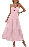 ECOWISH Women's Summer Strapless Maxi Dress 2025 Off Shoulder Hollow Out Smocked A Line Tube Tiered Long Dresses Light Pink Large