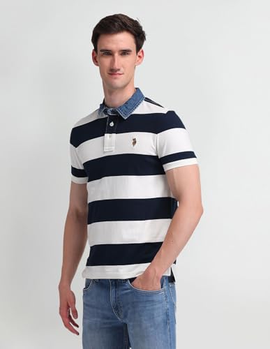 Image of U.S. Polo Assn. Denim Co. Men's Blue Striped Polo Collar Half Sleeve Casual Cotton Slim Fit T-Shirts