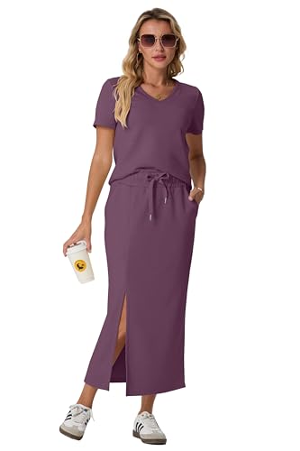Image of GRECERELLE Women Summer Casual 2 Piece Sets V-Neck Wrinkle-Free Top & Elastic Waist Midi Side Slit Skirt with Pockets