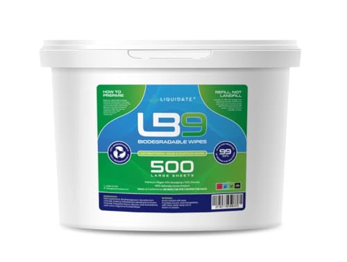 Liquidate - LB9 Biodegradable Bucket Wipes - 500 Sheets | Plastic Free Compostable Bamboo Wipes | Eco-Friendly Cleaning & Sanitising | Easy Pull Tab, Lemon Scented | Alcohol Free - Sustainable Refills