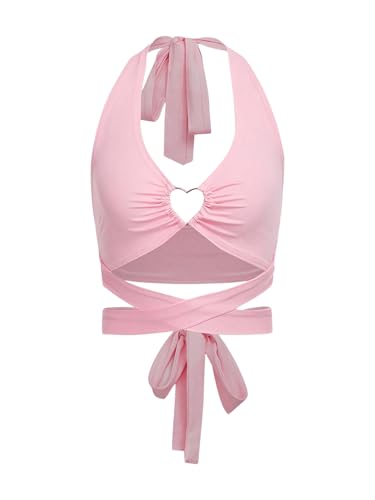 SweatyRocks Women's Criss Cross Tie Back Ruched Sleeveless Halter Crop Top Camisole