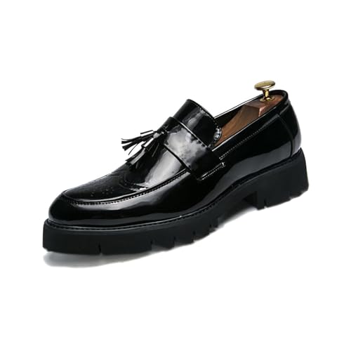 Generic Men's Patent Leather Platform Slip-On Casual Loafers Shoes Fashion Round Toe Tassel Non-Slip Lug Sole Dress Shoes for Party Dating Prom