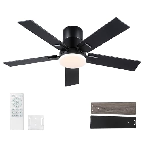 Image of Rayqueen 42 Inch Flush Mount Black Ceiling Fans with Lights and Remote