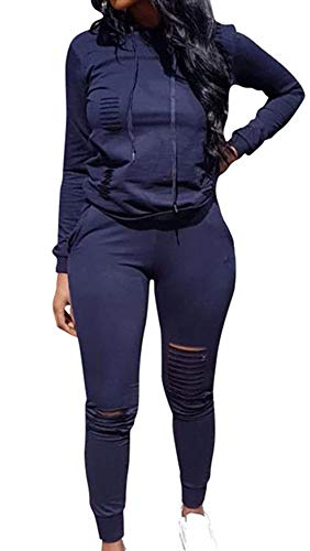 Women's Sweatsuits, Women's 2 Pcs Tracksuit - Round Neck Long Sleeve Top Stripe Long Pants Jumpsuit Outfits Set - Sport (A# Navy, M)