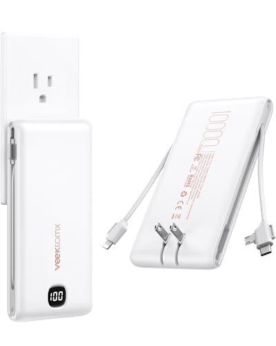 VEEKTOMX Portable Charger with Built in Cables 10000mAh, Power Bank for iPhone with AC Wall Plug, Fast Charging USB C Slim Battery Pack with LED Display Compatible with iPhone 17/16/15, Samsung
