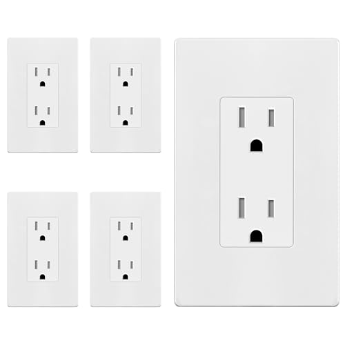Image of ENERLITES 5 Pack White Decorator Receptacle with Screwless Wall Plate, Standard Electrical Wall Outlet, 15A 125V, Self-Grounding, 2-Pole, 3-Wire, 5-15R, UL Listed, Tamper Resistant