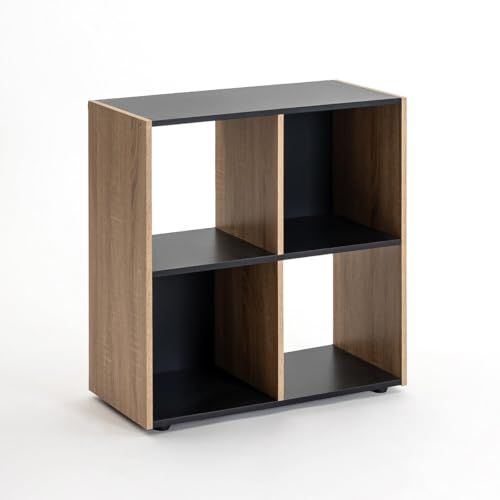 LOLAhome Estantería Cubo de 4 Huecos Color Negro y Madera de 60x60 cm