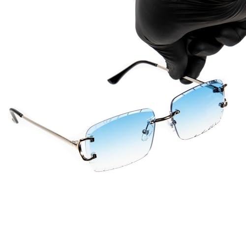 Rimless Gem Cut Unisex Square Trendy Retro 90's Hip Hop Hand Carved Sky Blue Gradient Tint Lens Silver Wire Frame Sun Glasses Frameless Rectangle Summer Shades Sunglasses For Men And Women2