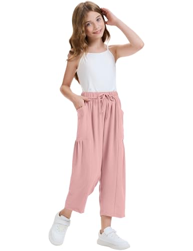 Image of COZYPOIN Girl's Wide Leg Pants Elastic Waist Loose Fit Flowy Casual Beach Palazzo Harem Trousers with Pockets 5-14 Y(DarkPink-L)