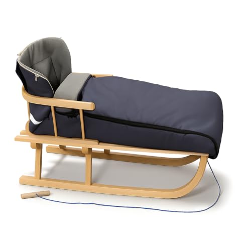 rgvertrieb Holzschlitten mit Rückenlehne und Winterfußsack 108cm | Grau, Klassisch