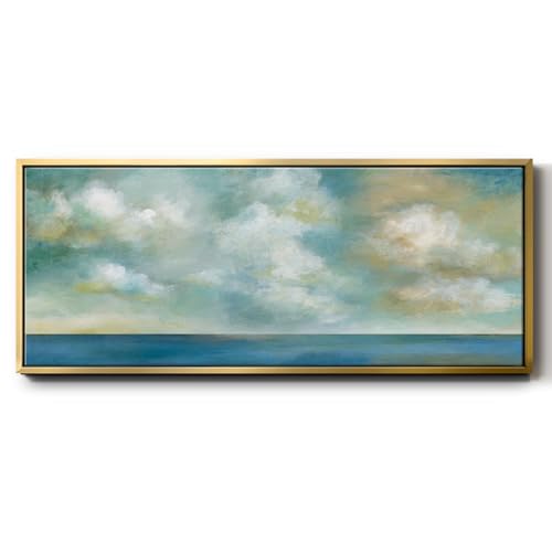 Renditions Gallery Seascape Wall Art Painting for Home Fluffy Clouds in Cool Color Palette Floater Frame Artwork Design for Bedroom Kitchen Office - 12"x30" Gold Frame LT611