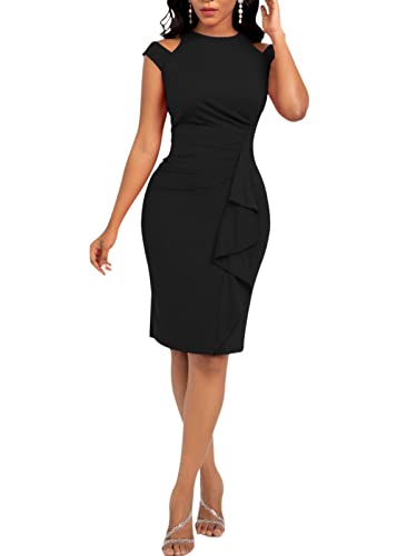 Women's Vintage Bodycon Peplum Work Dress Sleeveless Cold Shoulder Round Neck Ruffled Pencil Dress #TOP3