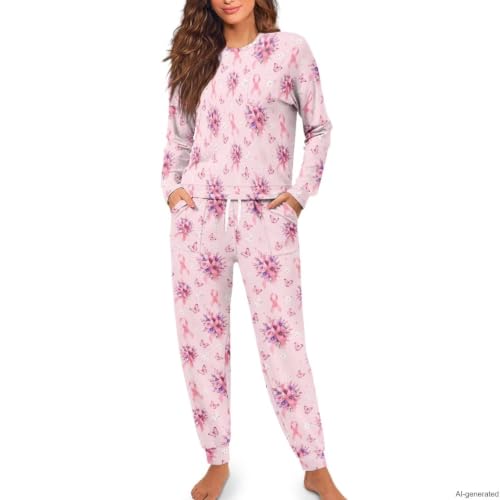 Image of Womens Pajama Sets 2 Piece Pjs Lounge Sets Long Sleeve Sleepwear Crew Neck Pullover Top with Long Pants