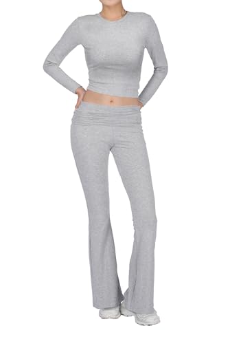 Two Piece Lounge Set for Women - Long Sleeve Round Neck Cropped Top and Flare Fold Over Leggings, Casual Pajamas