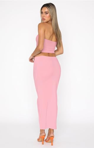 Image of Skirt Sets Women 2 Piece Outfits - Sexy Two Pc Sleeveless Strapless Tube Crop Top Bodycon Midi Skirts Set Pink L